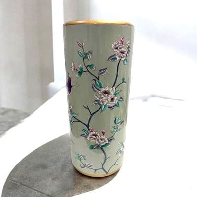 Ceramic Umbrella Stand Stick Holder 44cm Tall Round Green Gold Butterfly Flower