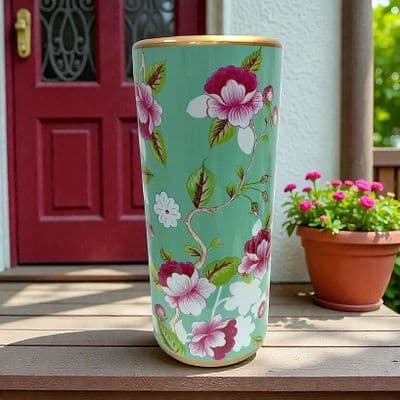 Ceramic Umbrella Stand Stick Holder 44cm Tall Round Green Gold Pink Flowers