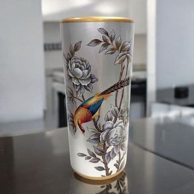 Ceramic Umbrella Stand Stick Holder 44cm Tall Round Silver Gold Peacock Flowers