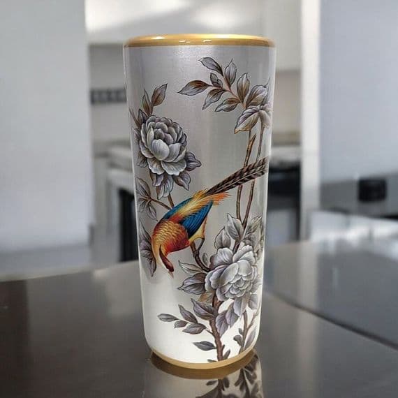 Ceramic Umbrella Stand Stick Holder 44cm Tall Round Silver Gold Peacock Flowers