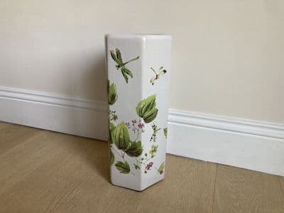 Ceramic Umbrella Stand Stick Holder Green 44cm Tall Hexagonal w Floral Dragonfly