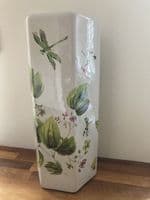 Ceramic Umbrella Stand Stick Holder Green 44cm Tall Hexagonal w Floral Dragonfly