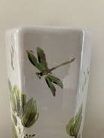 Ceramic Umbrella Stand Stick Holder Green 44cm Tall Hexagonal w Floral Dragonfly