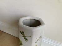 Ceramic Umbrella Stand Stick Holder Green 44cm Tall Hexagonal w Floral Dragonfly