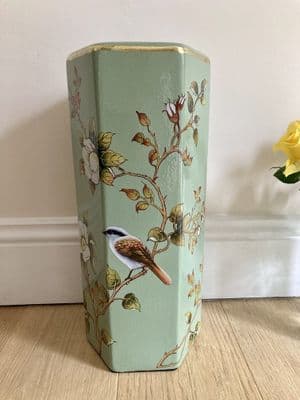 Ceramic Umbrella Stand Stick Holder Green 44cm Tall Hexagonal w Flowers & Birds