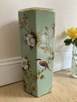 Ceramic Umbrella Stand Stick Holder Green 44cm Tall Hexagonal w Flowers & Birds