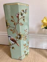 Ceramic Umbrella Stand Stick Holder Green 44cm Tall Hexagonal w Flowers & Birds