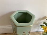 Ceramic Umbrella Stand Stick Holder Green 44cm Tall Hexagonal w Flowers & Birds