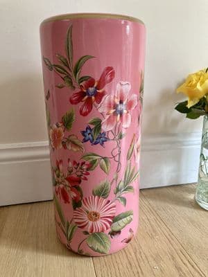 Ceramic Umbrella Stand Stick Holder Pink 44cm Tall Hexagonal Flowers Butterflies