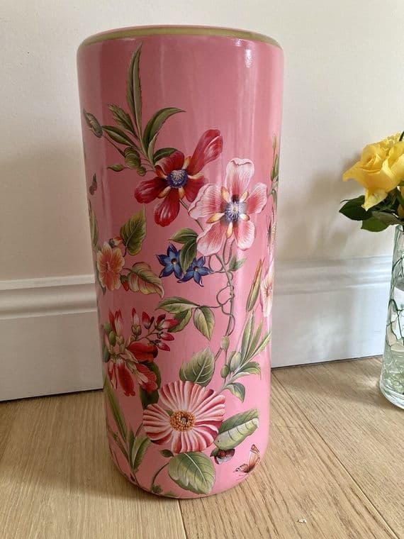 Ceramic Umbrella Stand Stick Holder Pink 44cm Tall Hexagonal Flowers Butterflies