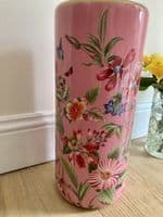 Ceramic Umbrella Stand Stick Holder Pink 44cm Tall Hexagonal Flowers Butterflies