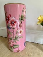 Ceramic Umbrella Stand Stick Holder Pink 44cm Tall Hexagonal Flowers Butterflies