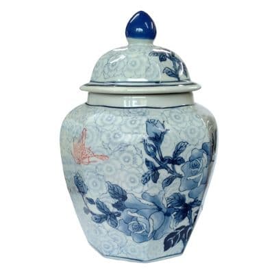 Chinese Ginger Jar Urn - Hexagonal 26cm Porcelain Blue Rose and Red Butterfly