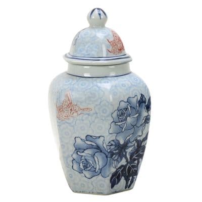 Chinese Ginger Jar Urn - Slim Hexagonal 25cm Porcelain Blue Rose & Red Butterfly