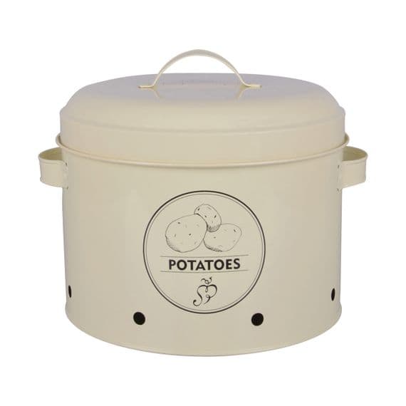 Cream Metal Potato Storage Tin Holder with Lid Kitchen 21cm