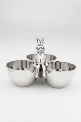 Cute Quirky Bunny Rabbit Nickel Metal Nibbles Food Chutney Sauce Triple Bowl