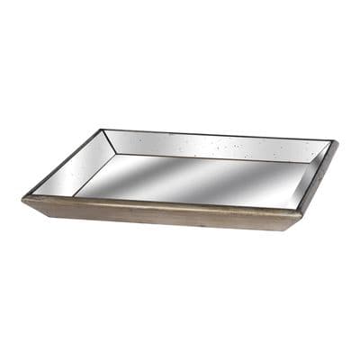 Distressed Glass Mirrored Square Tray w/ Metallic Wooden Detailing 50cm