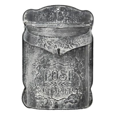 Distressed Grey French Post Mail Box - Shabby Chic Metal Wall Mounted