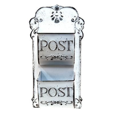 Distressed White Post Letter Holder Storage - Metal Wall Mounted