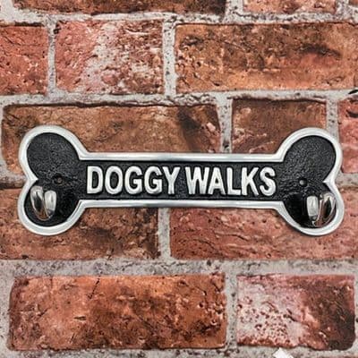 Doggy Walks Sign Wall Hook Hanger Set for Coats Leads Scarves - Cast Aluminium