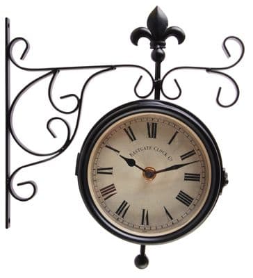 Double Faced Steel Outdoor Wall Clock & Thermometer on Hanging Bracket