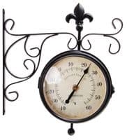 Double Faced Steel Outdoor Wall Clock & Thermometer on Hanging Bracket