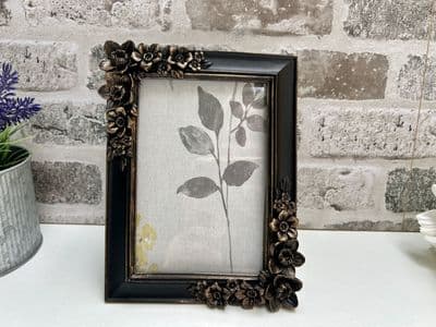 Floral Black Gold Aged Photo Frame Freestanding Wall Mount - 6x4