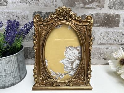 Framed Aged Gold Oval Photo Frame Freestanding Wall Mount - 6x4