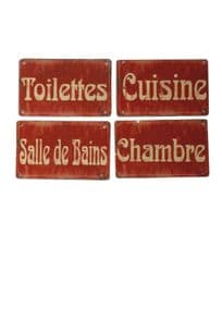 French Red Mini Plaques Signs Cuisine, Chambre, Salle de Bain, Toilettes
