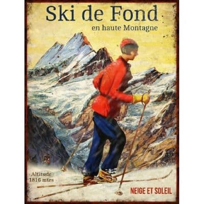 French Ski Metal Wall Sign Plaque - Alps Gift - 25 x 33cm - Cross Country Skiing