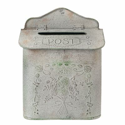 French Style Mail Letterbox Grey Iron Shabby Chic w/ Floral Motif Metal