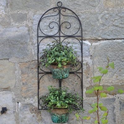 Garden Scroll Metal Double Plant Pot Holder - Wall Mounted Brown Distressed