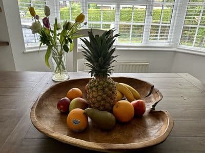 Giant 60cm Wooden Bowl Display - Rustic Round Fruit Salad Nuts - Teak Wood Root