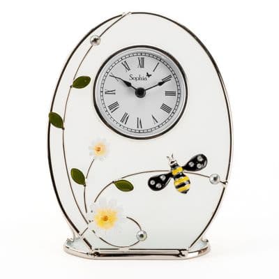 Glass Bumble Bee Mantel Table Clock w/ Flowers Handpainted 16cm