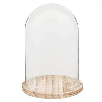 Glass Cloche Belljar w Light Wooden Base Display Jar Dome - 25cm