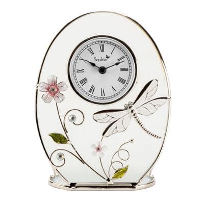 Glass Floral Mantel Table Clock w/ Dragonfly Handpainted 16cm