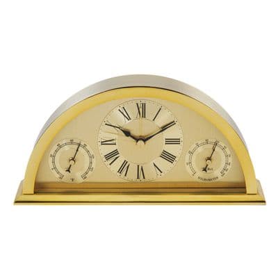 Gold Aluminium Crescent Shaped Mantel Weather Station Clock w Alarm Indoor