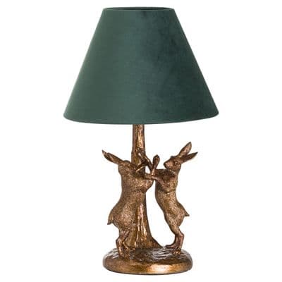 Gold Marching Hares Table Bedside Lamp w Green Velvet Shade 40w E27 Bulb