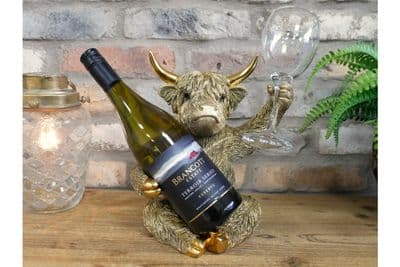 Gold Wine Bottle & Glass Holder - Highland Shaggy Cow Fun Funky Gift