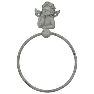 Grey Cherub Hand Bath Towel Roll Holder - Shabby Chic French Grey Gray Metal