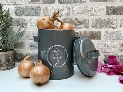Grey Onion Storage Tin Metal Container Kitchen Pantry - Breatheable