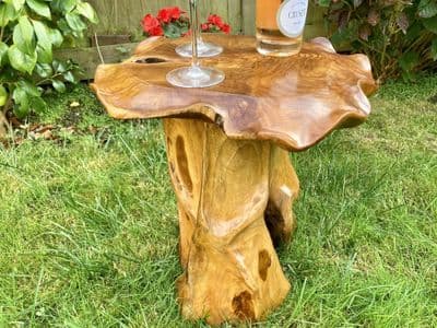 Hand Carved Ornate 45cm Teak Root Wooden Side Lamp Drinks Table - Round Design