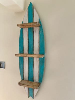 Handpainted 1.07m Surfboard Wall Shelves - Wooden Nautical Blue & White