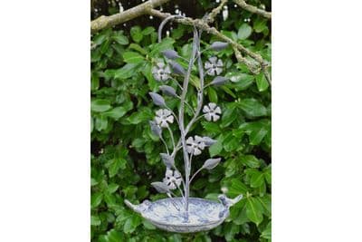 Hanging Bird Feeder - Grey Metal Floral Design w Hook Distressed