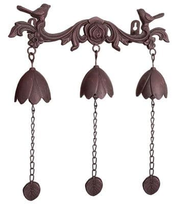 Heavy 1.5kg Cast Iron Garden Indoor Triple Bell Bird Brown Hanging Wall Mounted