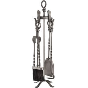 Heavy 5 Piece Pewter Companion Set Fireside Fire Tools Wrought Iron
