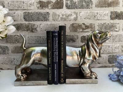 HUGE 20cm Aged Silver Dachshund Sausage Dog Bookends Book Ends Shelf Sitter