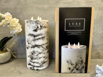 Huge 30cm XL Marbled Grey LED Pillar Candle Real Wax Glow Flame Timer Batt Inc