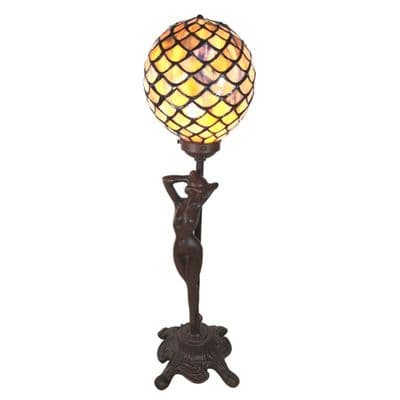 Huge 54cm Tiffany Table Ball Buffet Lamp w/ Lady Figurine - Metal & Glass