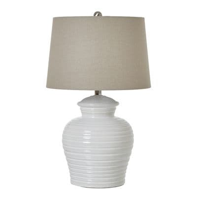 Huge 62cm Off White Ceramic Table Buffet Lamp Light w/ Linen Oatmeal Shade